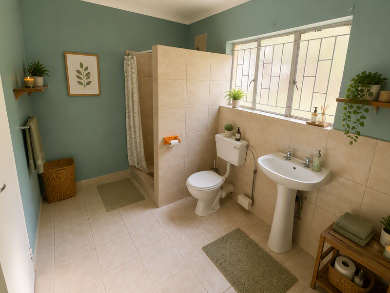 A well-maintained bathroom featuring a pedestal sink, a tiled shower enclosure, and a toilet, finished with neutral wall tiles and painted walls.