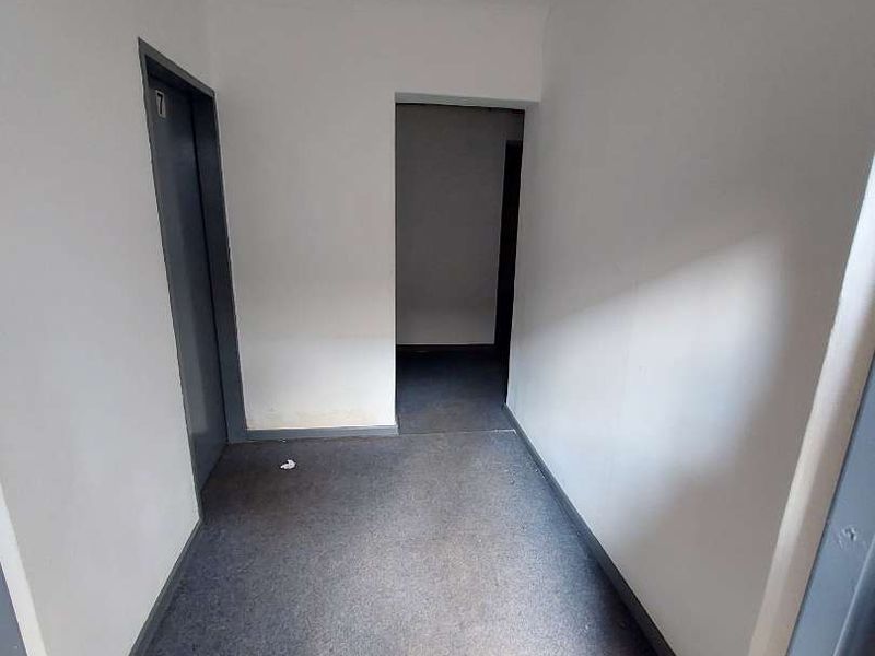 A vacant apartment hallway featuring carpeted flooring and access to multiple internal rooms.