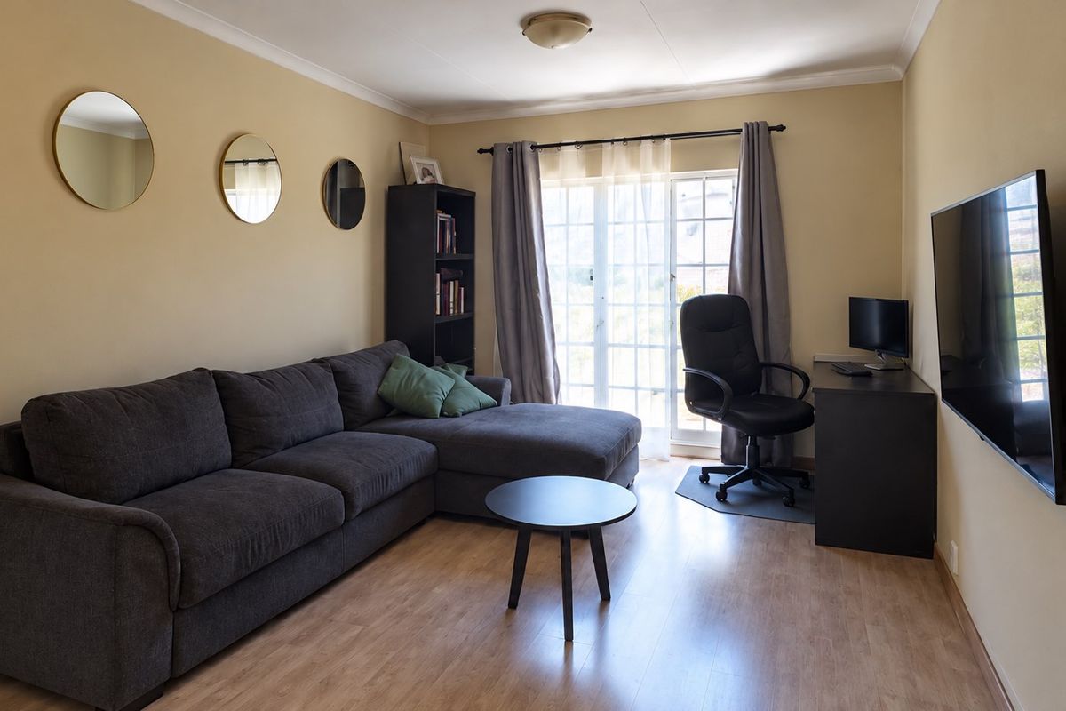 A comfortable living room featuring laminate flooring, a sliding glass door providing natural light, and neutral wall finishes.