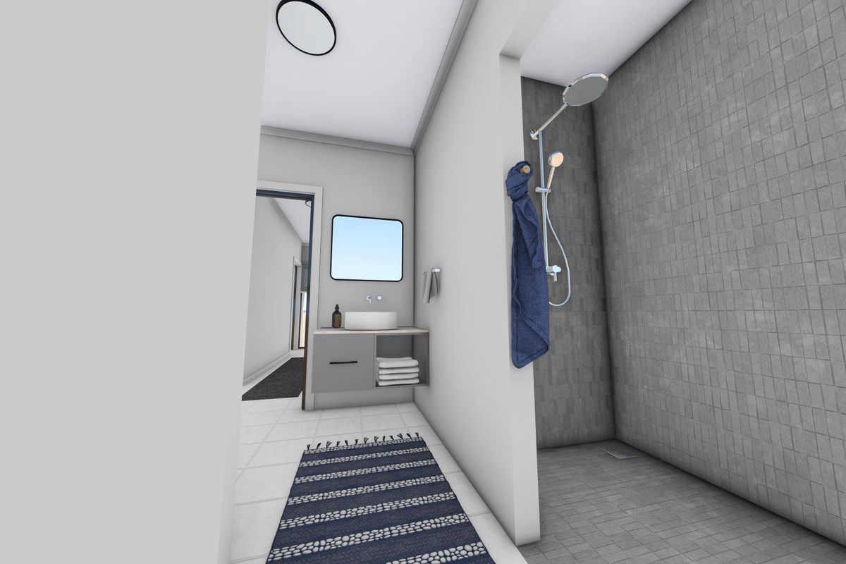 Modern bathroom featuring a walk-in shower with grey tiled walls, a floating vanity with a vessel sink, and contemporary fixtures.