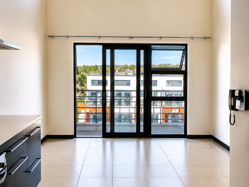 Bright open-plan living area featuring high ceilings, tiled floors, modern black kitchen cabinetry, and large sliding doors opening to a balcony with urban views.