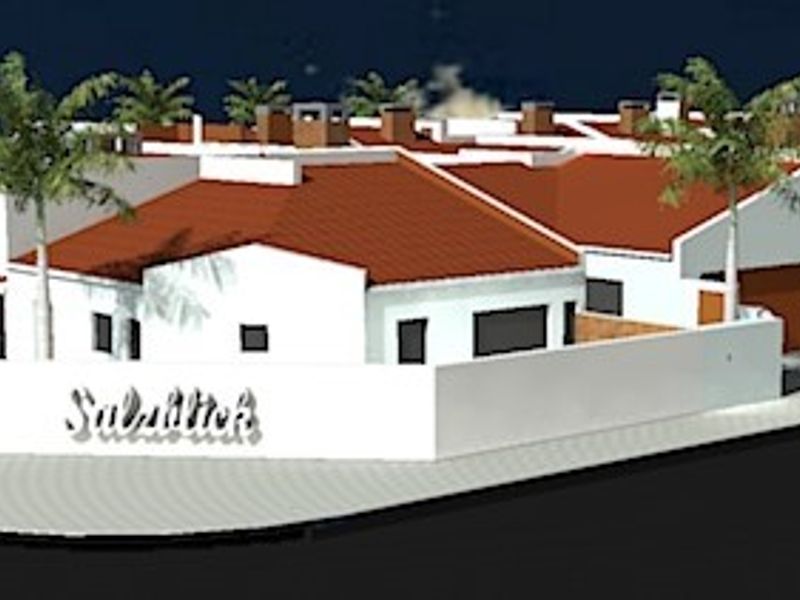 A digital architectural rendering showing the exterior layout and street-facing facade of a townhouse complex.