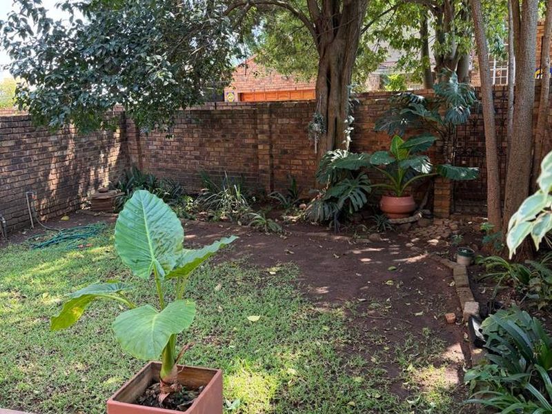 A private garden area featuring a tiled patio, mature trees, and a brick boundary wall, offering a quiet outdoor space.