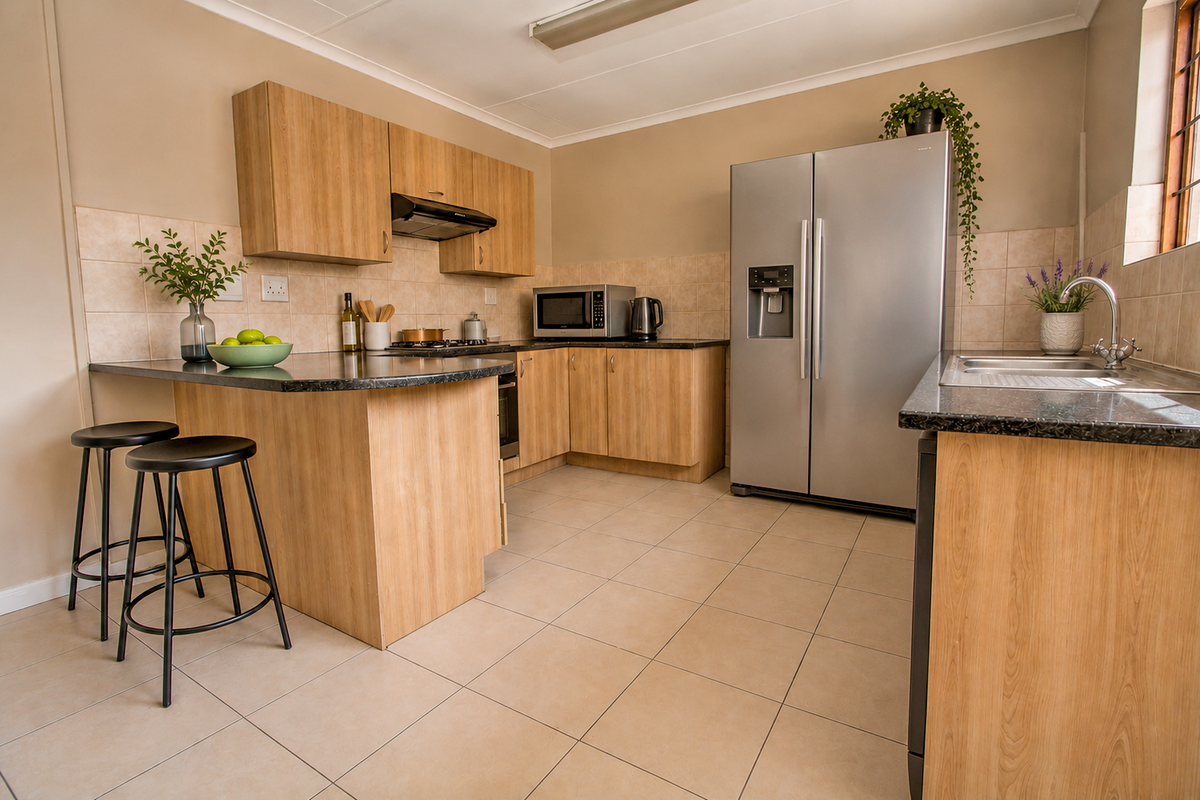 A functional kitchen featuring light wood-finish cabinetry, granite countertops, ceramic tile flooring, and a tiled backsplash, offering a clean and practical workspace.