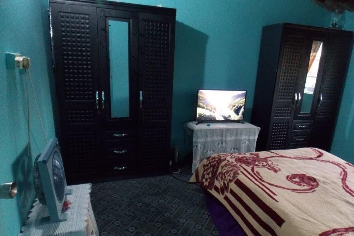 A bedroom featuring dark cabinetry and blue painted walls, providing a functional sleeping space with potential for cosmetic updates.
