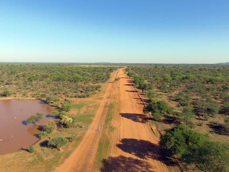 An aerial view of the farm property featuring a long dirt access road and a natural water dam surrounded by indigenous vegetation.