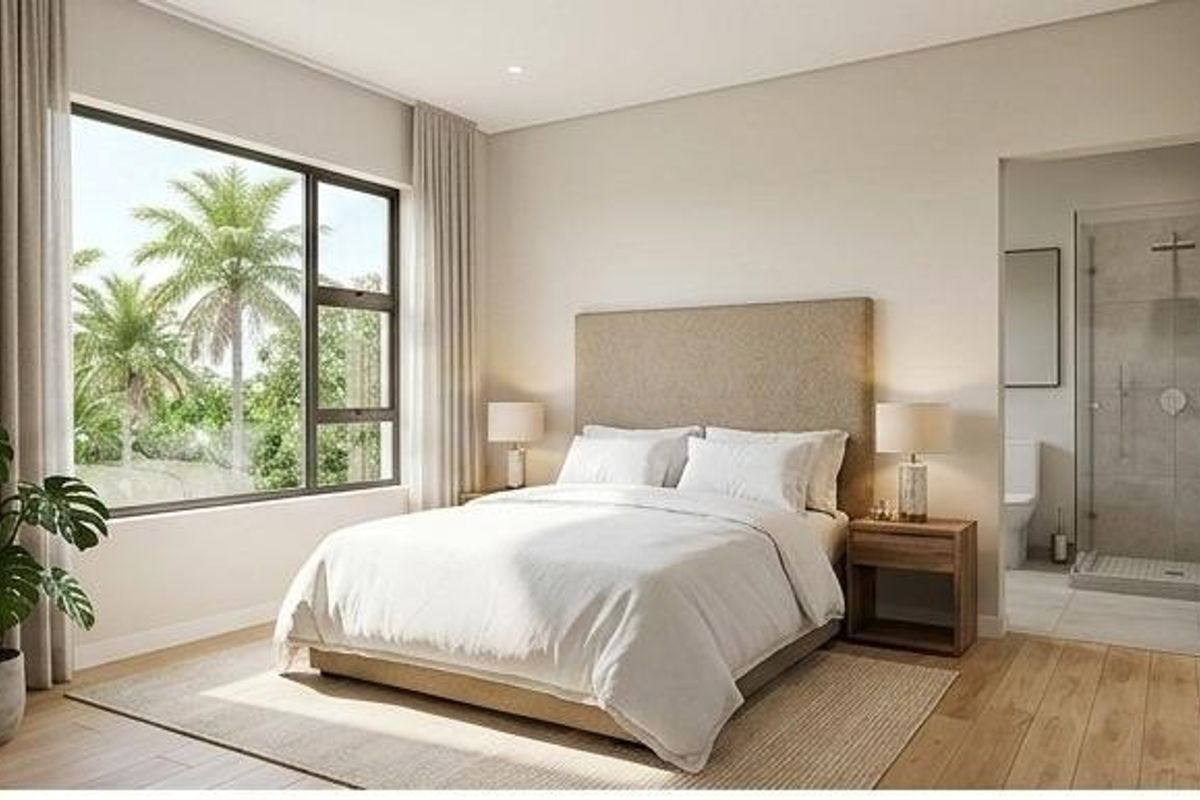 Modern bedroom featuring light wood flooring, built-in cupboards, and an en-suite bathroom with a glass shower enclosure, offering a bright and contemporary living space.