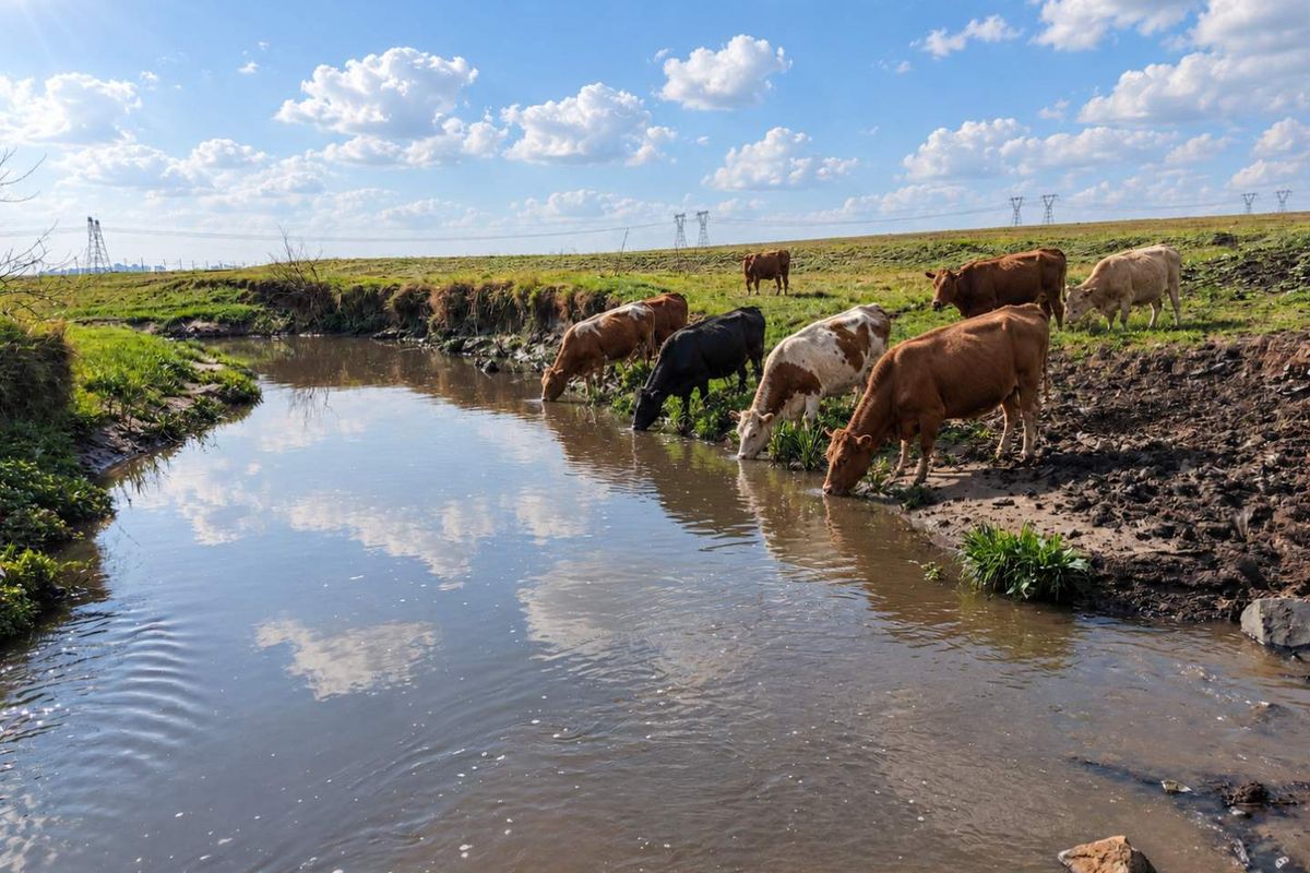 A scenic view of the farm property featuring a natural stream and open grazing pasture land.