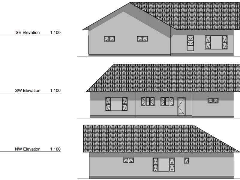 Architectural elevation drawings showing the SE, SW, and NW exterior facades of the proposed residential building.