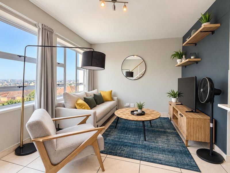A bright and modern living room featuring large windows with city views, tiled flooring, an accent wall, and built-in floating shelves.