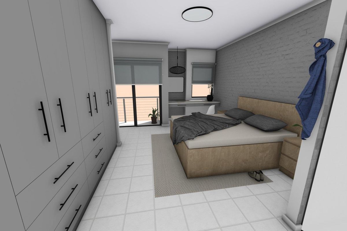A modern bedroom featuring extensive built-in cabinetry, a textured brick feature wall, tiled flooring, and direct access to a private balcony.