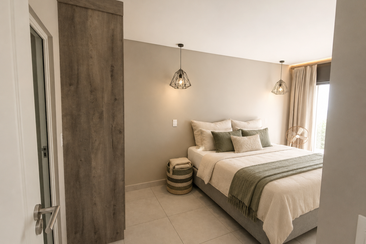 A modern, well-lit bedroom featuring neutral tones, tiled flooring, and a built-in wardrobe, offering a clean and contemporary living space.
