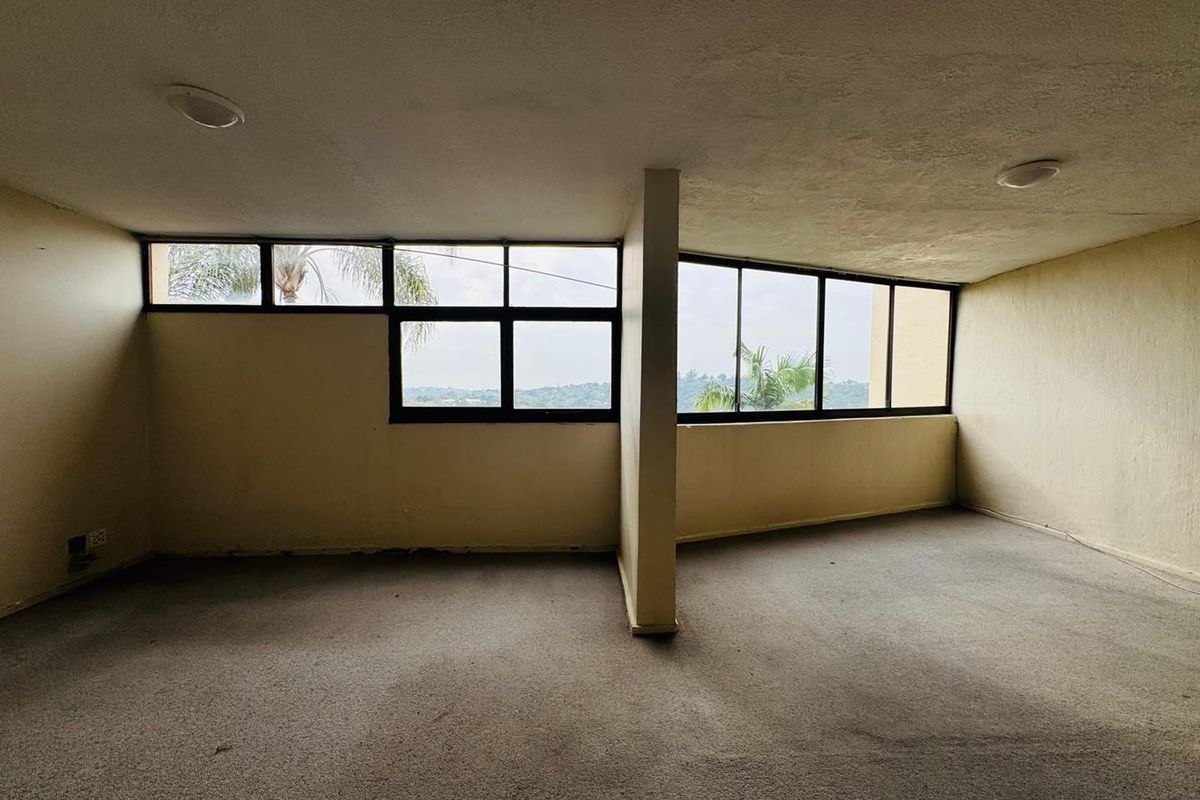 An empty, sunlit living area featuring large windows with scenic views, recessed lighting, and carpeted flooring, ready for renovation or staging.