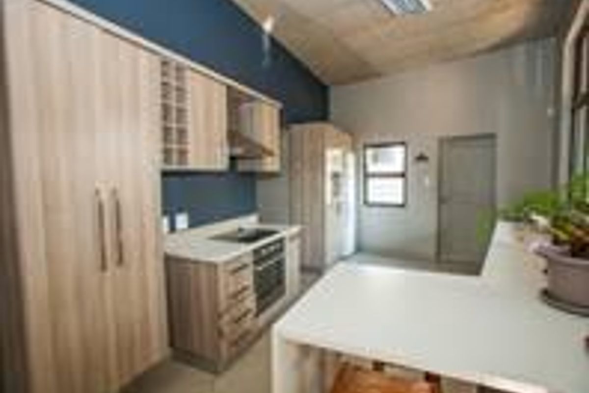 Modern kitchen featuring light wood cabinetry, stone countertops, integrated appliances, and a breakfast bar, set against a dark blue accent wall.