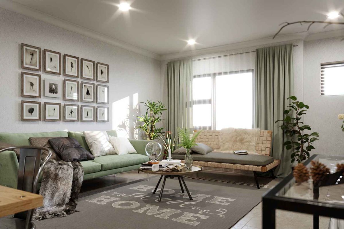A well-lit living room featuring recessed ceiling lighting, large windows with curtains, and neutral wall finishes.