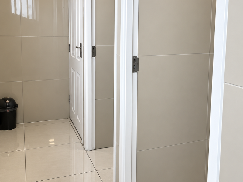 A clean, modern hallway featuring neutral ceramic wall and floor tiles with recessed lighting and multiple doorways.