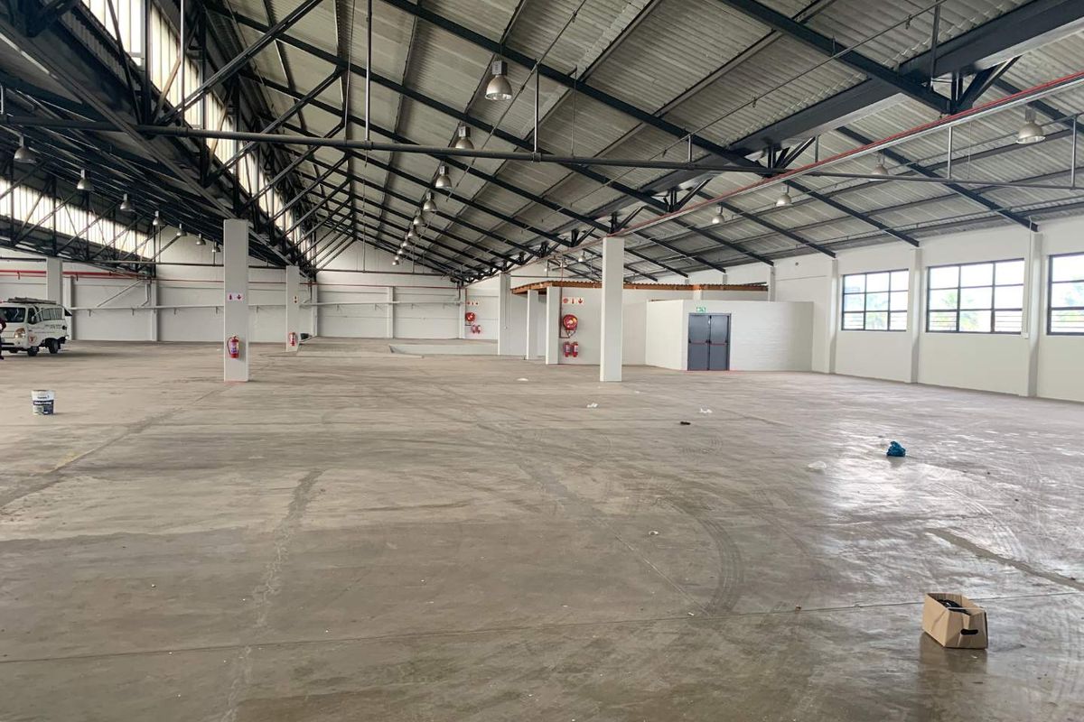 Spacious industrial warehouse featuring high ceilings with exposed steel trusses, polished concrete flooring, and integrated fire safety systems.