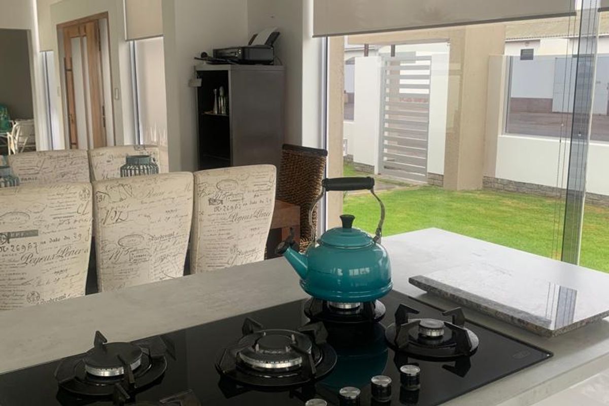Modern kitchen featuring a sleek black gas cooktop set into a stone countertop with large windows and roller blinds overlooking the garden.
