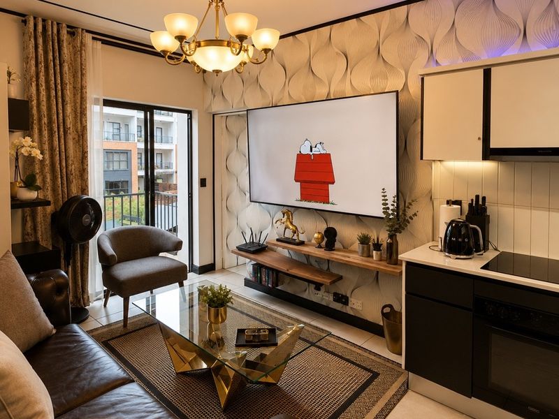 A modern open-plan living and kitchen area featuring contemporary cabinetry, a built-in oven, tiled flooring, and a stylish chandelier, with access to a balcony.