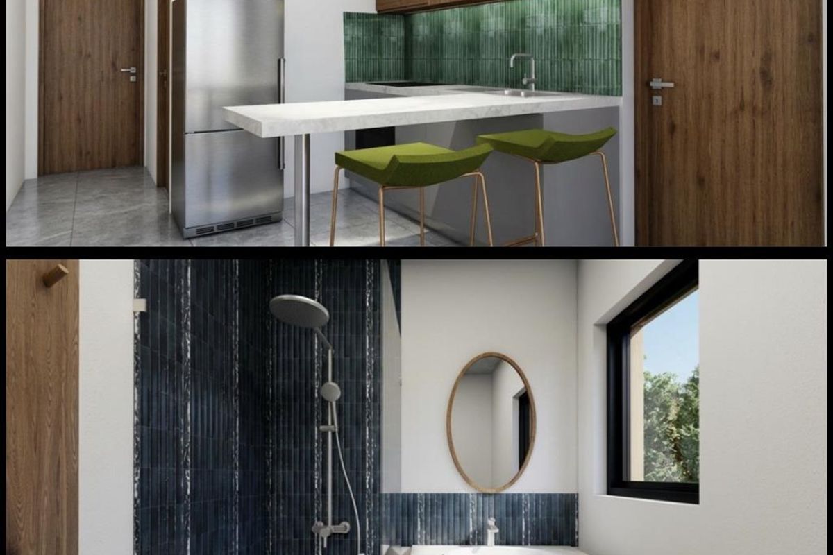A composite image showing a modern kitchen with wood cabinetry and a contemporary bathroom featuring a walk-in shower and vanity.