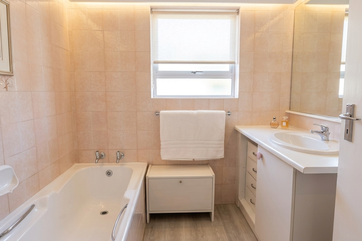 A functional bathroom featuring a built-in bathtub, vanity with integrated basin, large wall mirror, and neutral wall tiling.