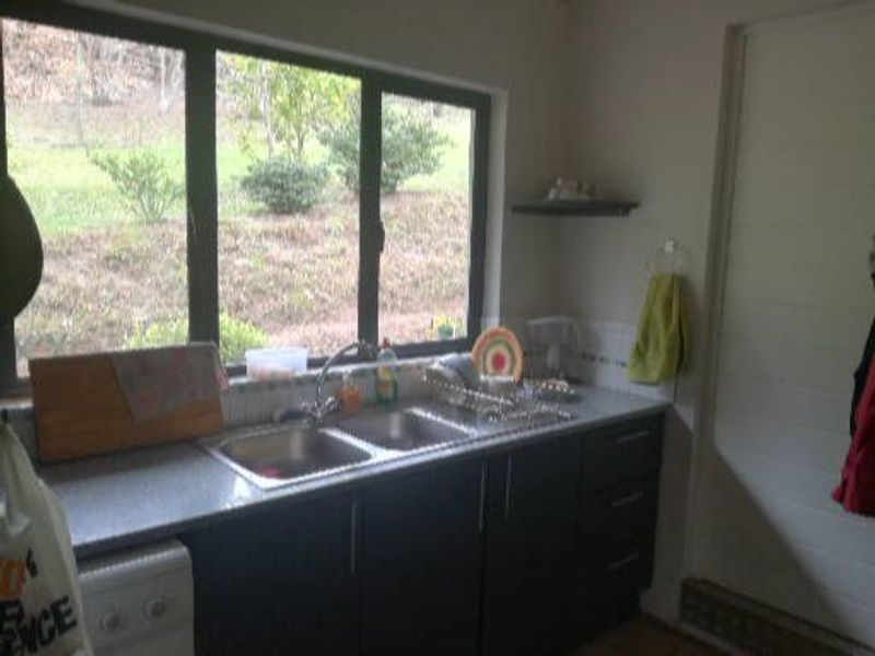 A functional kitchen area featuring dark cabinetry, a double bowl sink with mixer tap, and a large window overlooking the garden.