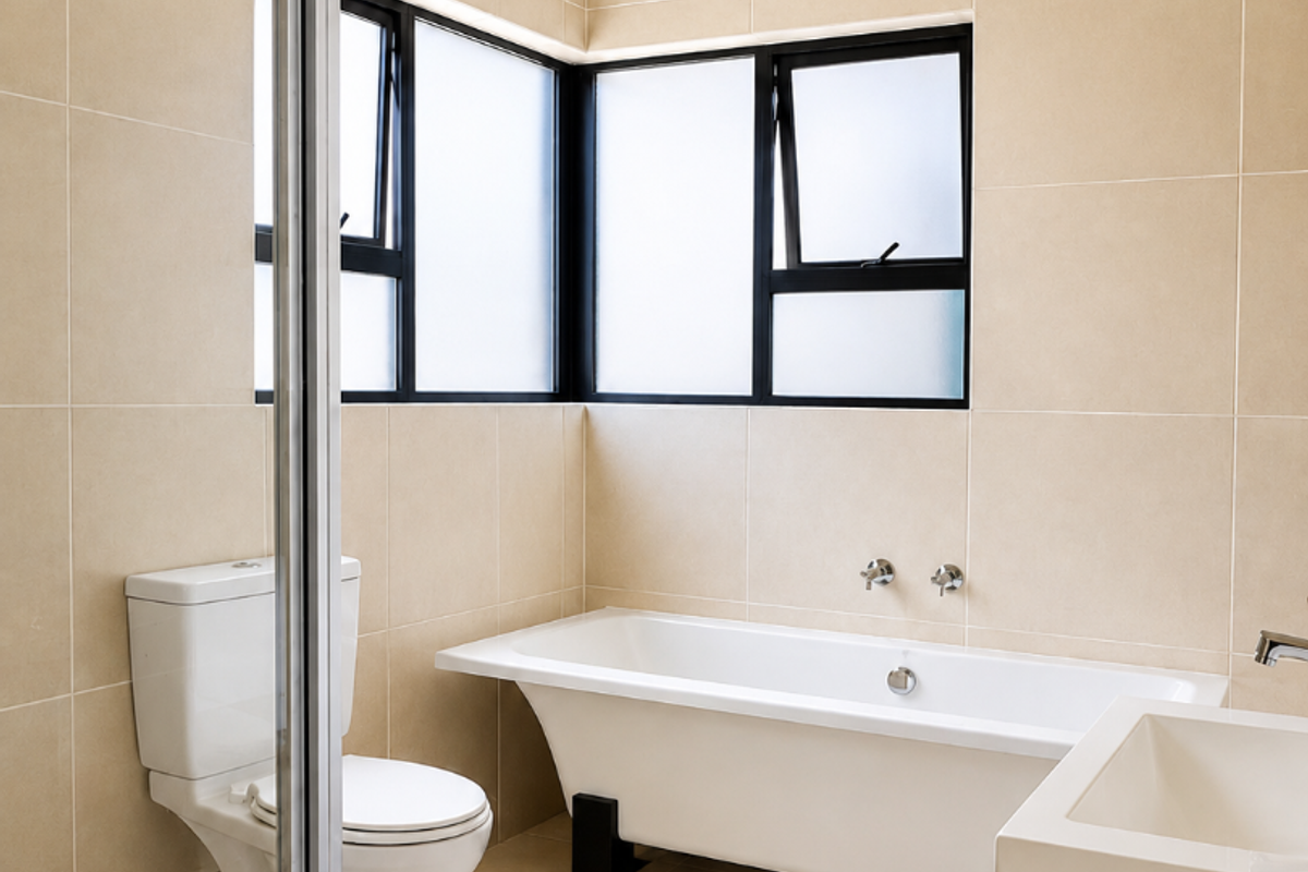 A modern, well-maintained bathroom featuring a freestanding bathtub, a separate shower enclosure, and a corner window providing natural light.