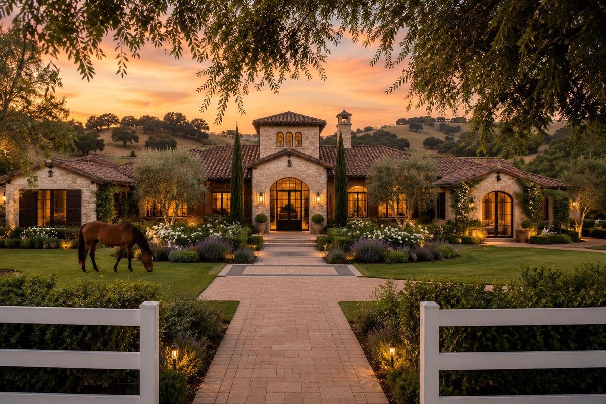 Stunning Mediterranean-style estate featuring a stone facade, terracotta roof, and beautifully landscaped gardens, captured at sunset with a welcoming paved entrance.