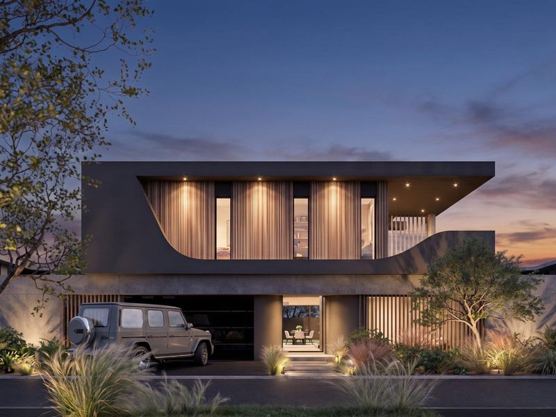 A contemporary architectural front elevation featuring timber slat detailing, recessed lighting, and a sleek modern design with integrated garage and landscaped garden.