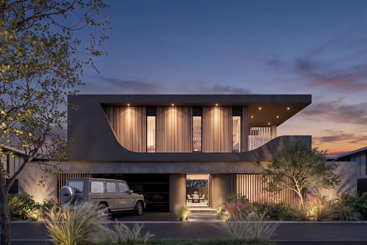A contemporary architectural front elevation featuring timber slat detailing, recessed lighting, and a sleek modern design with integrated garage and landscaped garden.
