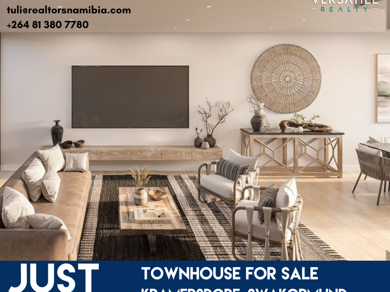 A modern, well-lit living room featuring a floating media console and recessed ceiling lighting, presented in a promotional real estate listing format.