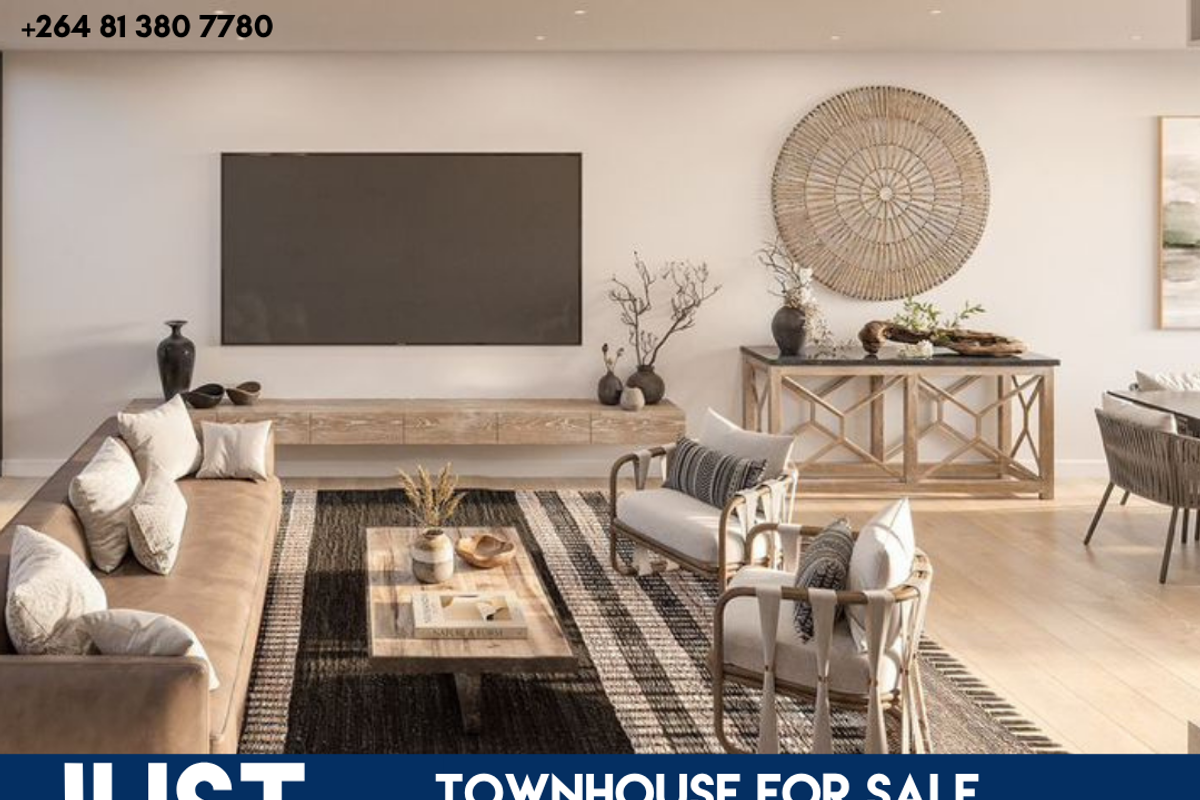 A modern, well-lit living room featuring a floating media console and recessed ceiling lighting, presented in a promotional real estate listing format.