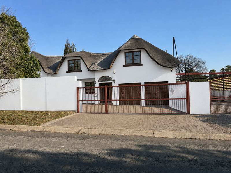 Front elevation of a charming house featuring a traditional thatch roof, paved driveway, and secure gated entrance with a double garage.