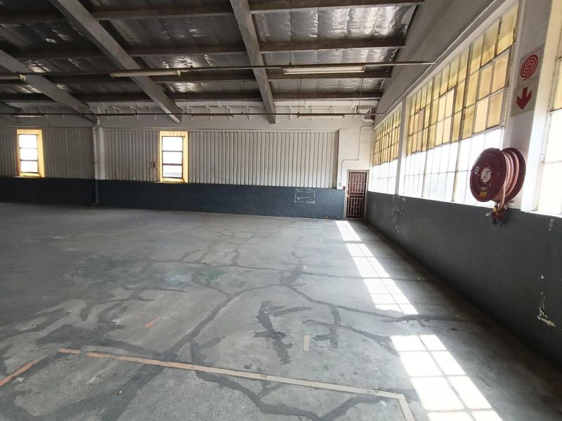 Spacious industrial utility area featuring exposed concrete ceilings, large steel-framed windows, and durable concrete flooring, suitable for warehouse or workshop use.