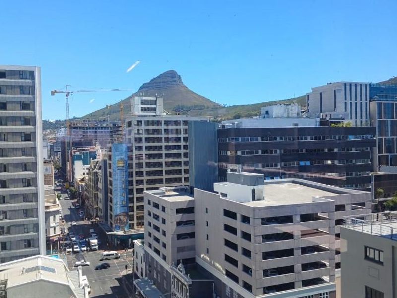 An elevated urban view overlooking the city skyline with Lion's Head mountain in the background.