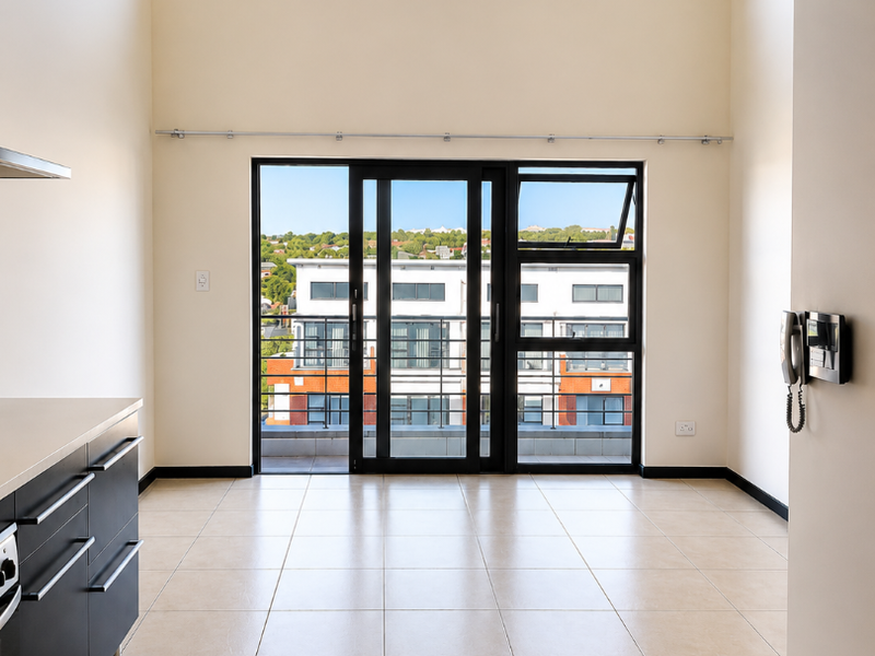 A bright, open-plan living area featuring high ceilings, large sliding doors leading to a balcony, and neutral tiled flooring throughout.