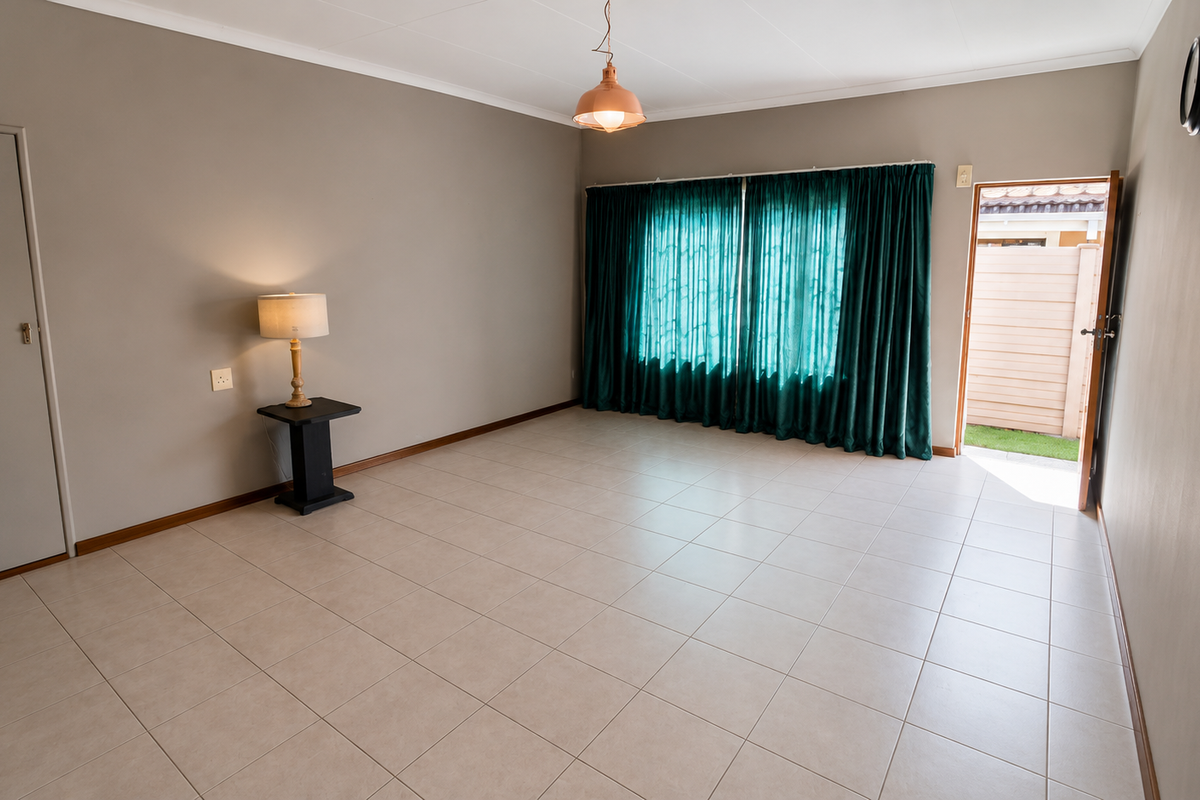 A spacious, empty living room featuring neutral tiled flooring, a pendant light fixture, and direct access to an outdoor area through a side door.