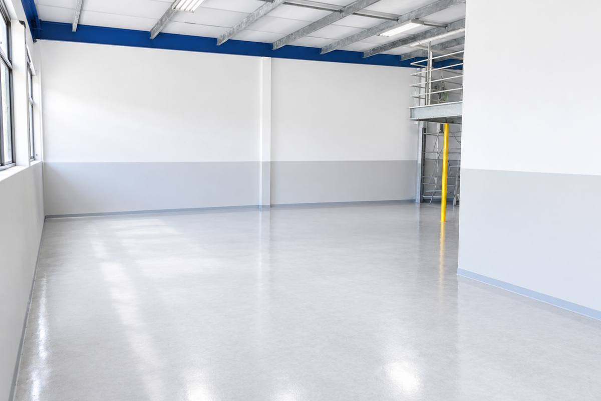 A clean, modern industrial utility space featuring polished epoxy flooring, exposed steel roof structure, and a functional mezzanine level with access ladder.