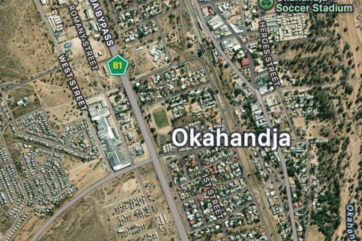 An aerial view of the residential area in Okahandja, showing the surrounding street layout and local infrastructure.