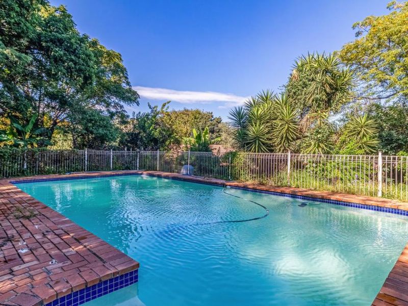 A rectangular swimming pool featuring brick coping and metal perimeter fencing, surrounded by established trees and garden greenery.