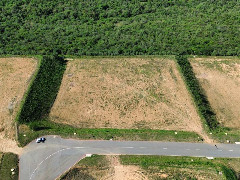 An aerial view of a vacant industrial plot of land adjacent to a paved road and bordered by natural vegetation.
