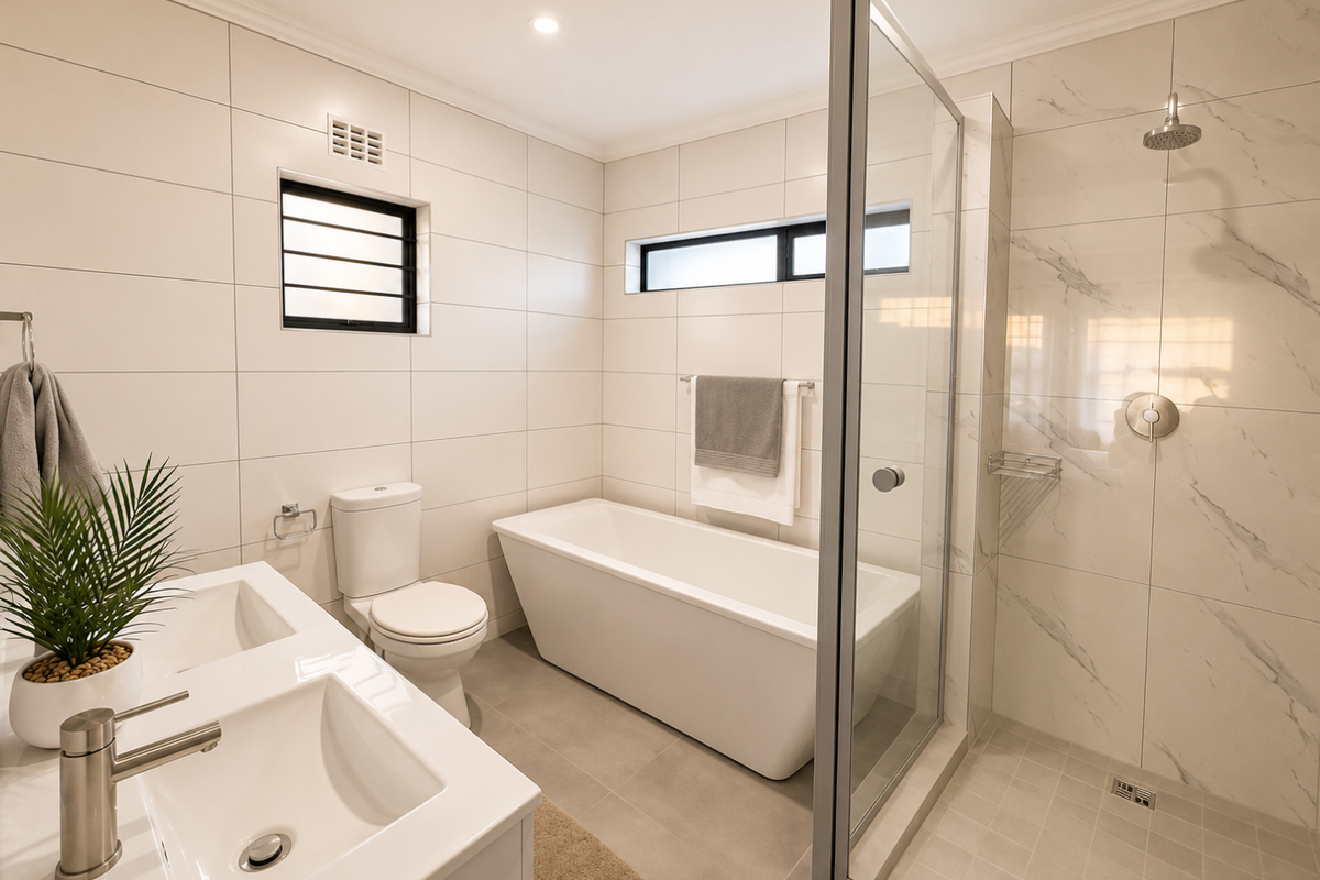 Modern bathroom featuring a double vanity, freestanding bathtub, and a glass-enclosed walk-in shower with marble-look wall tiling.