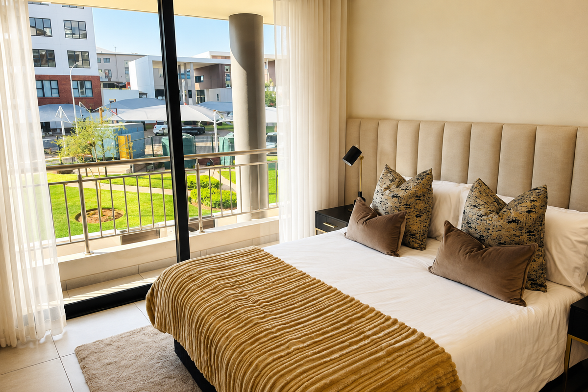 Modern bedroom featuring a neutral upholstered headboard and large sliding glass doors opening onto a private balcony with views of the complex grounds.