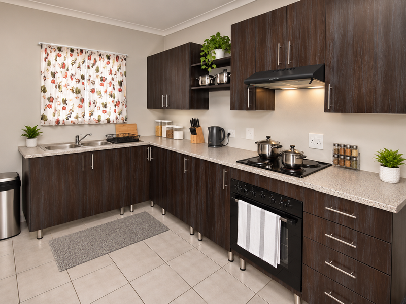 A functional kitchen featuring dark wood-grain cabinetry, light-toned laminate countertops, integrated electric hob, oven, and extractor fan with neutral tiled flooring.