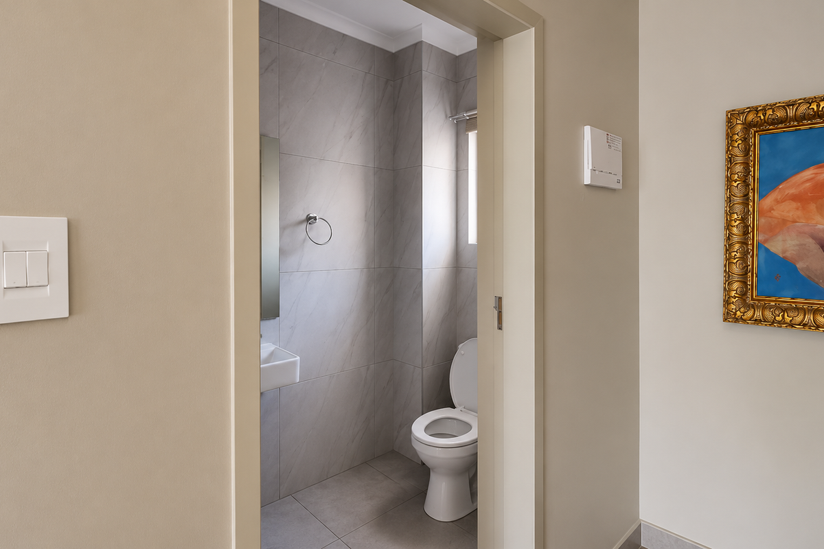 A compact guest bathroom featuring modern grey wall and floor tiles, a wall-mounted basin, and a standard toilet.