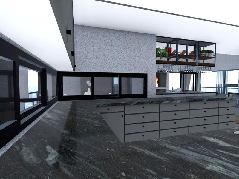 Modern kitchen area featuring dark stone countertops, extensive built-in cabinetry, and large sliding glass doors with views, presented as a 3D architectural render.