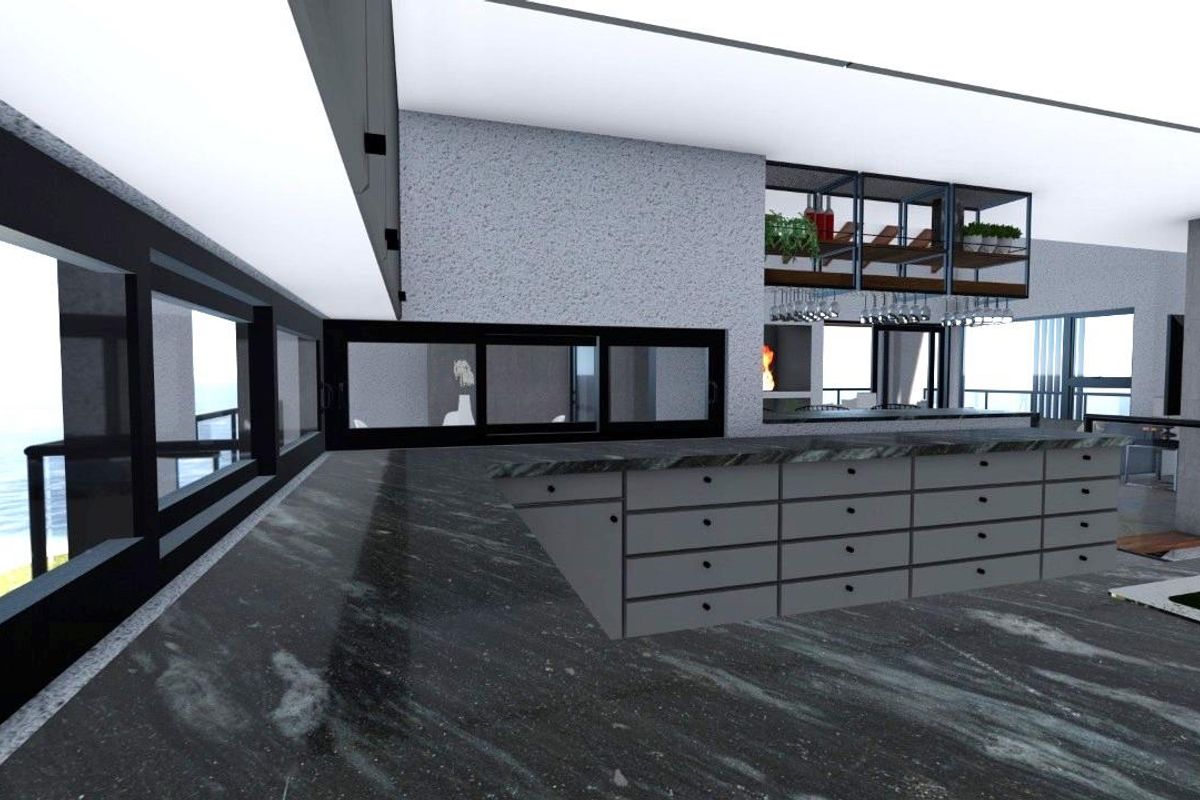 Modern kitchen area featuring dark stone countertops, extensive built-in cabinetry, and large sliding glass doors with views, presented as a 3D architectural render.