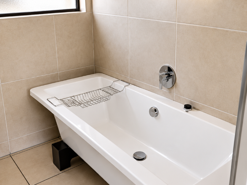 A modern bathroom featuring a clean white freestanding bathtub with wall-mounted chrome fixtures, complemented by neutral wall and floor tiling.