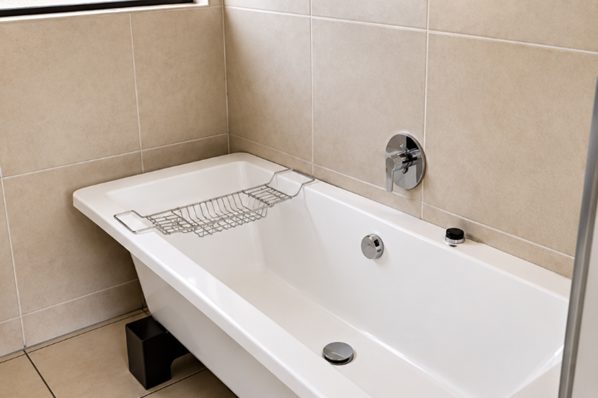 A modern bathroom featuring a clean white freestanding bathtub with wall-mounted chrome fixtures, complemented by neutral wall and floor tiling.