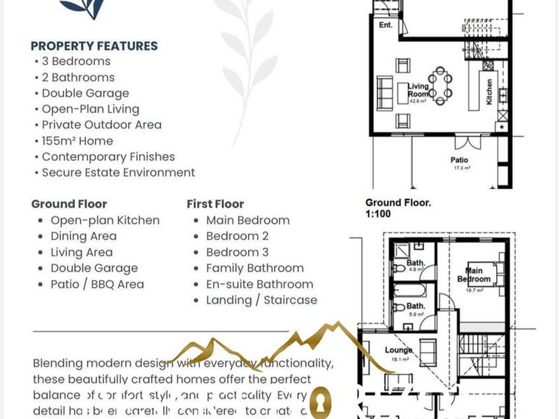 Architectural floor plan for a three-bedroom townhouse unit, detailing the layout of the ground and first floors, including garage, living areas, and patio.